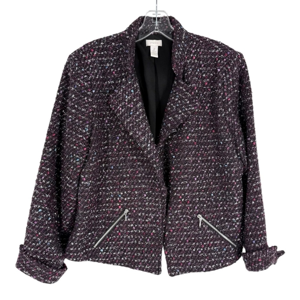 Chicos Blazer Size 2 Plum Boucle Tweed Metallic Shimmer Open Front Jacket Large